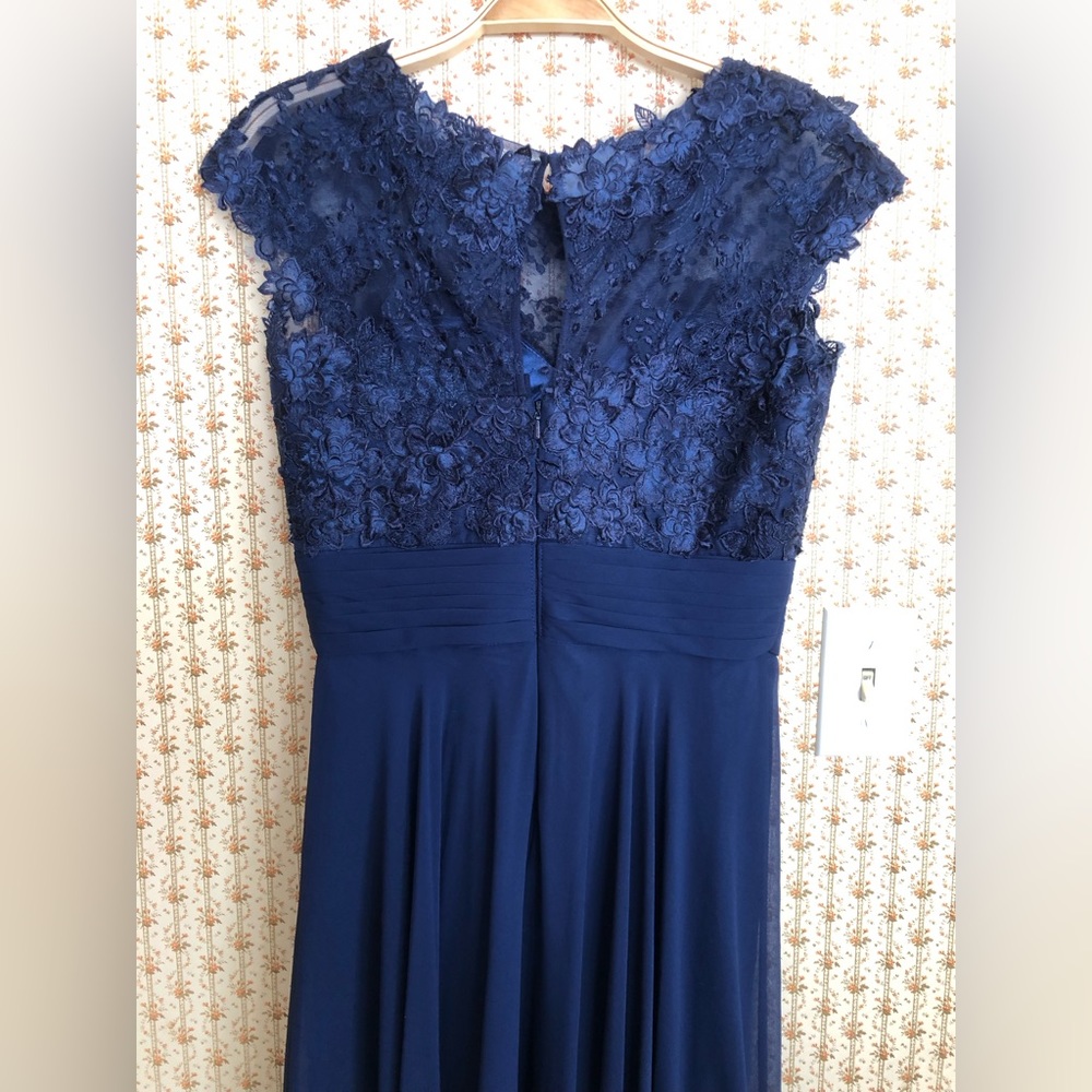 La Femme Lace Chiffon Maxi Evening Gown in Navy | 6 - Picture 5 of 8